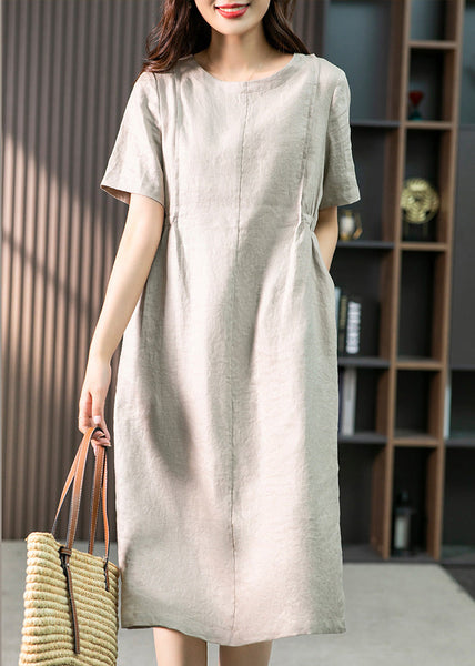 Bohemian Khaki O-Neck Patchwork Wrinkled Linen Long Dresses Summer LY1755
