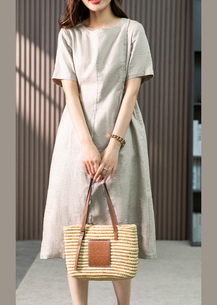 Bohemian Khaki O-Neck Patchwork Wrinkled Linen Long Dresses Summer LY1755