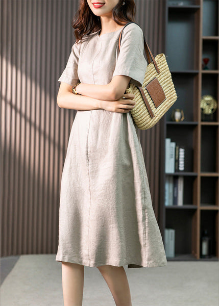 Bohemian Khaki O-Neck Patchwork Wrinkled Linen Long Dresses Summer LY1755
