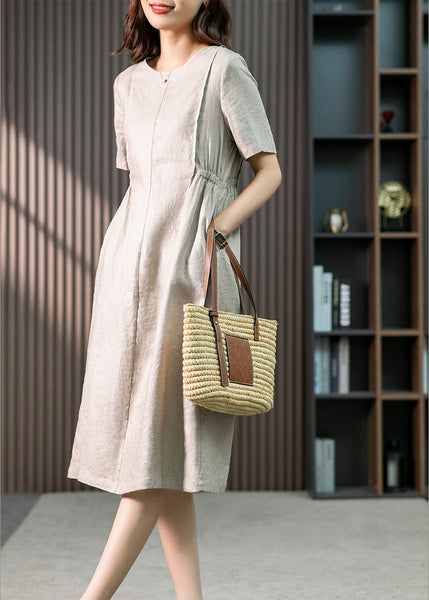 Bohemian Khaki O-Neck Patchwork Wrinkled Linen Long Dresses Summer LY1755