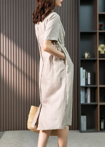 Bohemian Khaki O-Neck Patchwork Wrinkled Linen Long Dresses Summer LY1755