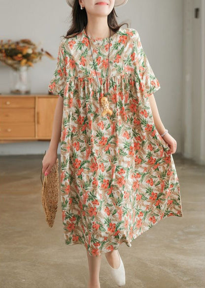 Bohemian Khaki Oversized Print Cotton A Line Dresses Short Sleeve LY0908
