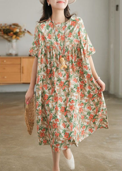 Bohemian Khaki Oversized Print Cotton A Line Dresses Short Sleeve LY0908
