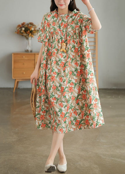 Bohemian Khaki Oversized Print Cotton A Line Dresses Short Sleeve LY0908