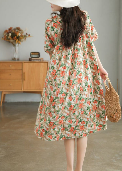Bohemian Khaki Oversized Print Cotton A Line Dresses Short Sleeve LY0908