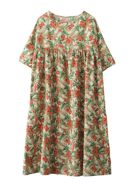 Bohemian Khaki Oversized Print Cotton A Line Dresses Short Sleeve LY0908