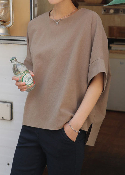 Bohemian Light Camel O Neck Patchwork Cotton T Shirt Half Sleeve LY1346
