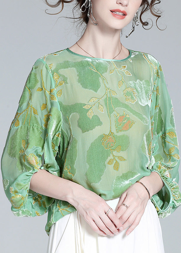 Bohemian Light Green O-Neck Print Velour Tops Long Sleeve LY0143