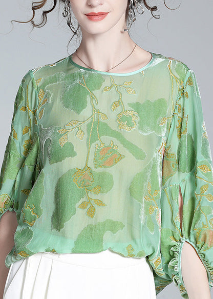 Bohemian Light Green O-Neck Print Velour Tops Long Sleeve LY0143