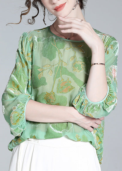 Bohemian Light Green O-Neck Print Velour Tops Long Sleeve LY0143