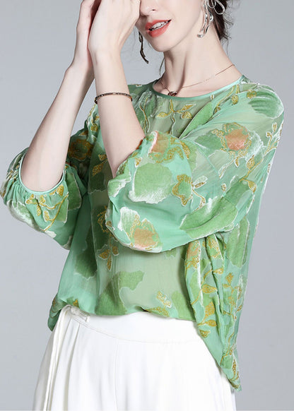 Bohemian Light Green O-Neck Print Velour Tops Long Sleeve LY0143