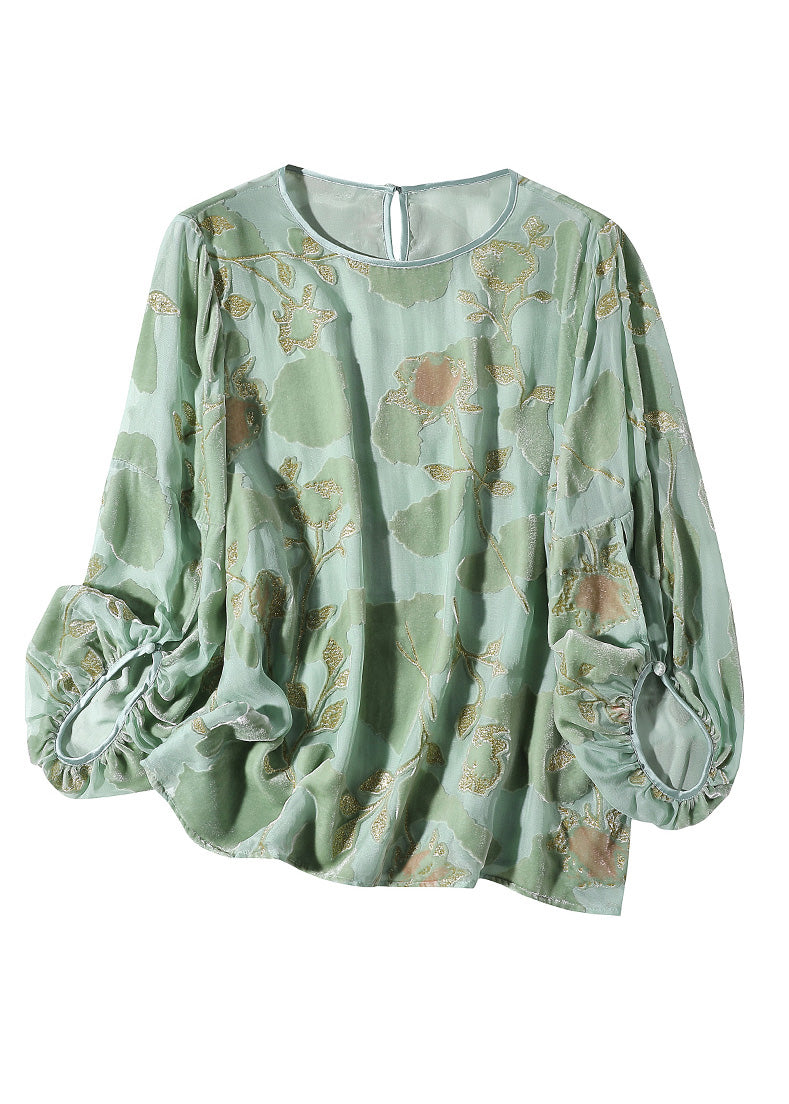 Bohemian Light Green O-Neck Print Velour Tops Long Sleeve LY0143