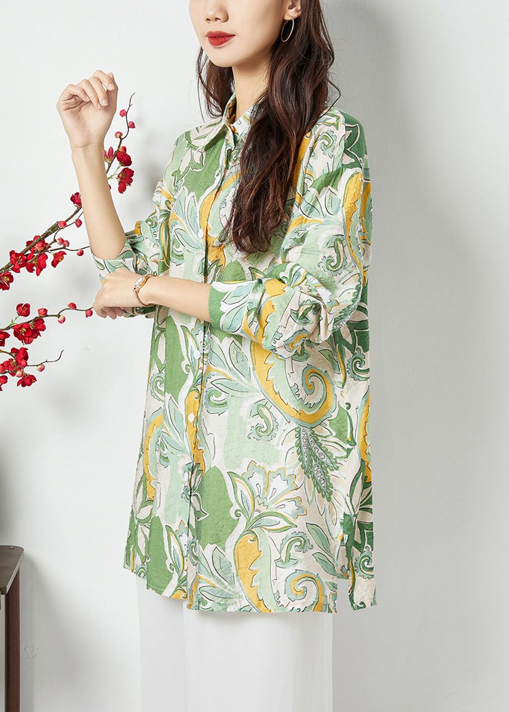 Bohemian Light Green Peter Pan Collar Print Cotton Long Shirt Spring LY1132