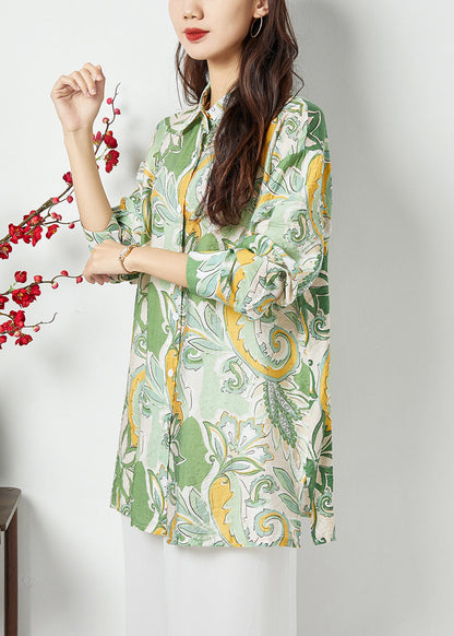 Bohemian Light Green Peter Pan Collar Print Cotton Long Shirt Spring LY1132