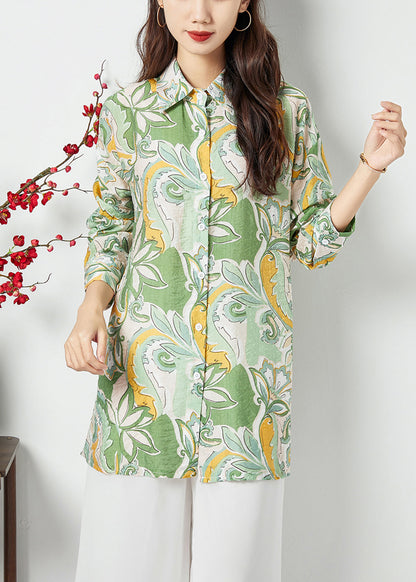 Bohemian Light Green Peter Pan Collar Print Cotton Long Shirt Spring LY1132