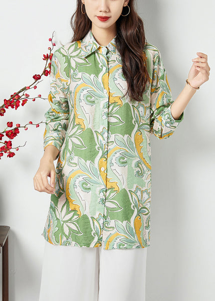 Bohemian Light Green Peter Pan Collar Print Cotton Long Shirt Spring LY1132