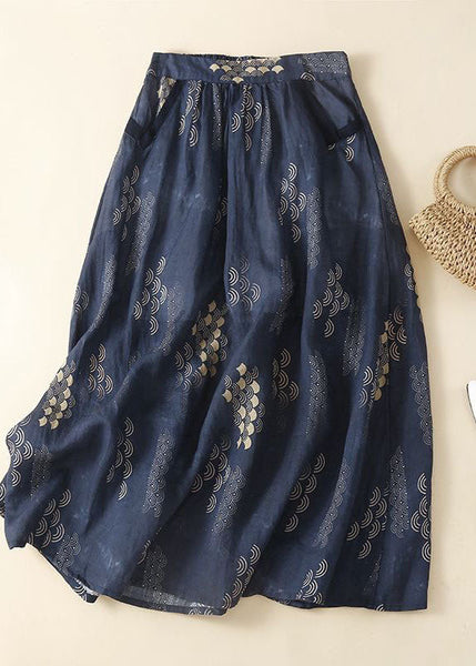 Jupes d'été bohèmes bleu marine à poches froissées et patchwork en lin LY0631