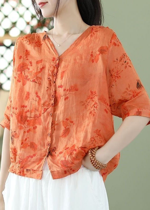 Bohemian Orange Print Slim Fit Linen Shirt Top Half Sleeve FR2026