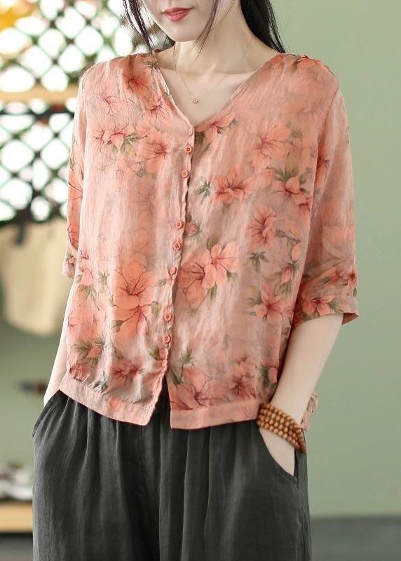 Bohemian Orange Print Slim Fit Linen Shirt Top Half Sleeve FR2026