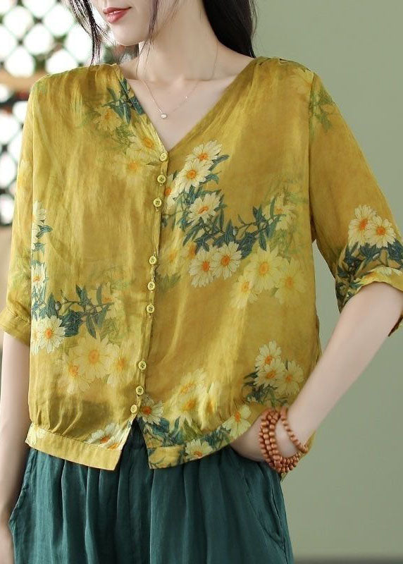 Bohemian Orange Print Slim Fit Linen Shirt Top Half Sleeve FR2026