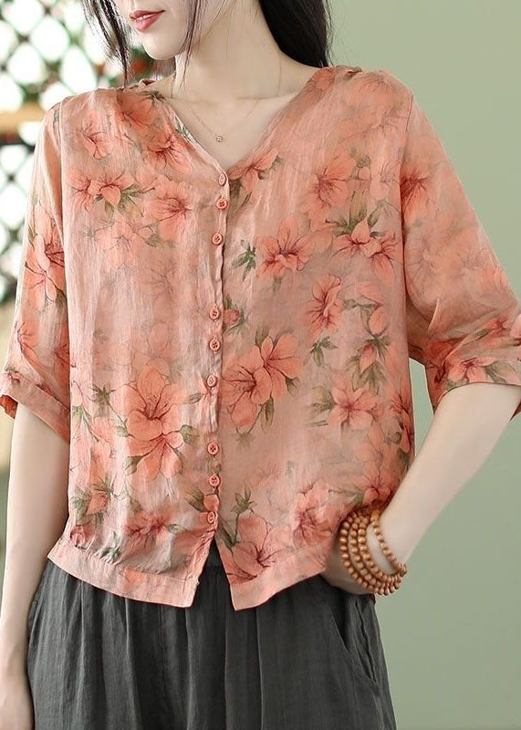 Bohemian Orange Print Slim Fit Linen Shirt Top Half Sleeve FR2026