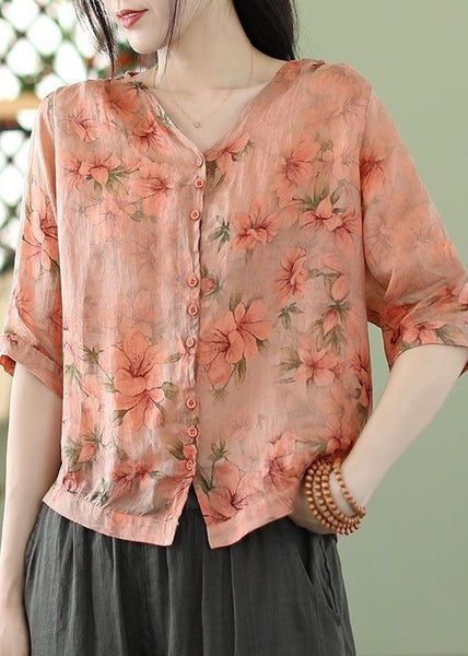Bohemian Orange Print Slim Fit Linen Shirt Top Half Sleeve FR2026
