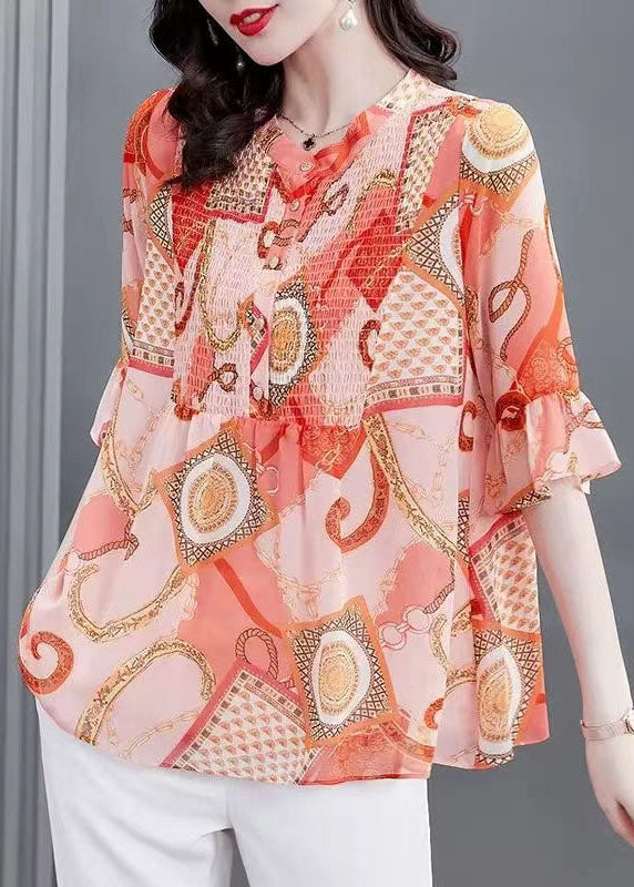 Bohemian Orange Stand Collar Print Patchwork Chiffon Blouses Flare Sleeve TP1010