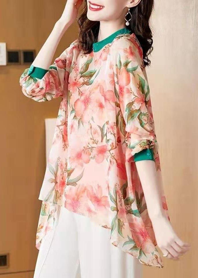 Bohemian Pink Asymmetrical Patchwork Print Chiffon Top Spring LY0098