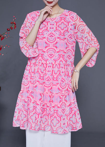 Bohemian Pink Print Patchwork Wrinkled Silk A Line Dress Lantern Sleeve LY1846