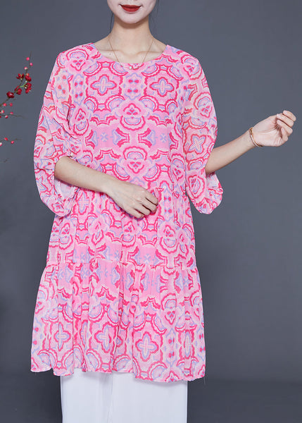 Bohemian Pink Print Patchwork Wrinkled Silk A Line Dress Lantern Sleeve LY1846