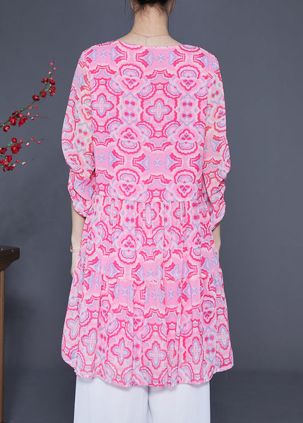 Bohemian Pink Print Patchwork Wrinkled Silk A Line Dress Lantern Sleeve LY1846