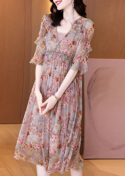 Bohemian Pink Ruffled Print Chiffon Beach Dress Summer LC0095