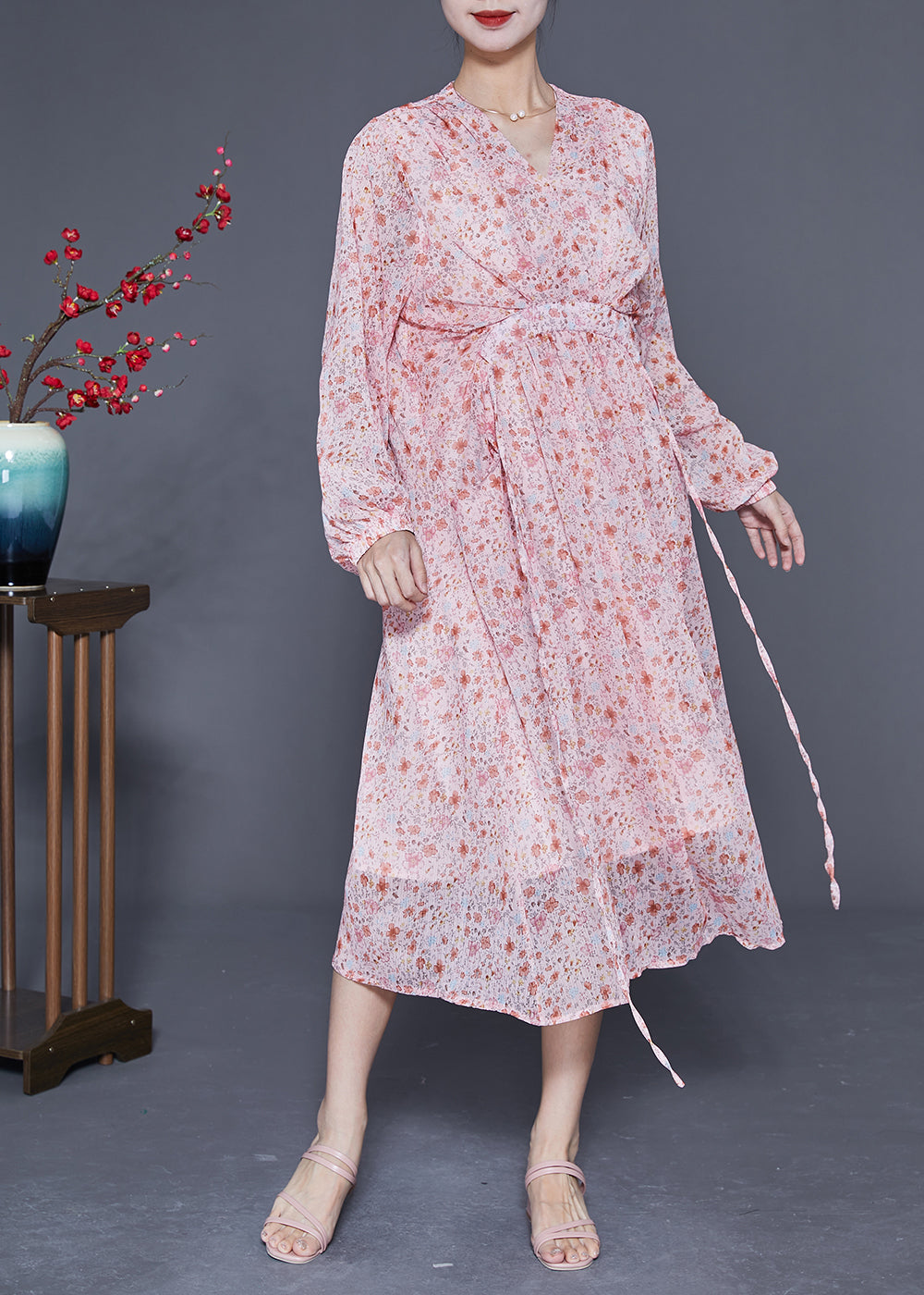 Bohemian Pink V Neck Cinched Print Chiffon Beach Dress Summer LY1772