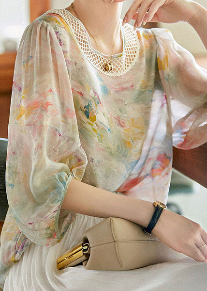 Bohemian Print Hollow Out Silk Shirts Long Sleeve LY0361