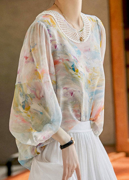 Bohemian Print Hollow Out Silk Shirts Long Sleeve LY0361