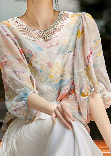 Bohemian Print Hollow Out Silk Shirts Long Sleeve LY0361