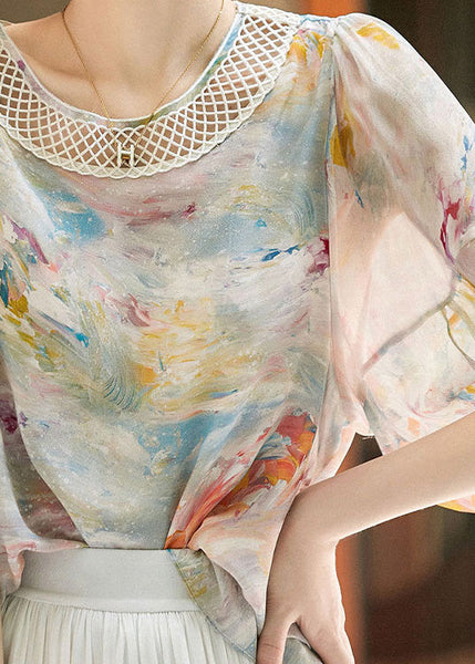 Bohemian Print Hollow Out Silk Shirts Long Sleeve LY0361