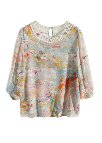 Bohemian Print Hollow Out Silk Shirts Long Sleeve LY0361