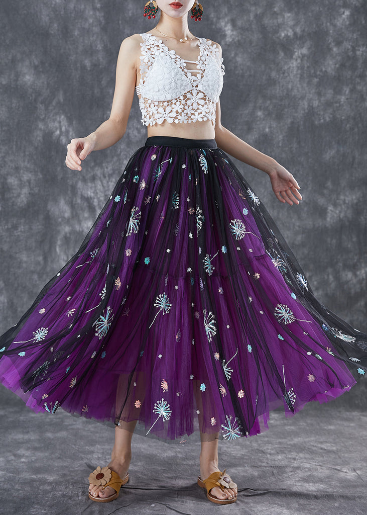 Bohemian Purple Dandelion Embroideried Wear On Both Sides Tulle Skirt Summer TA1054