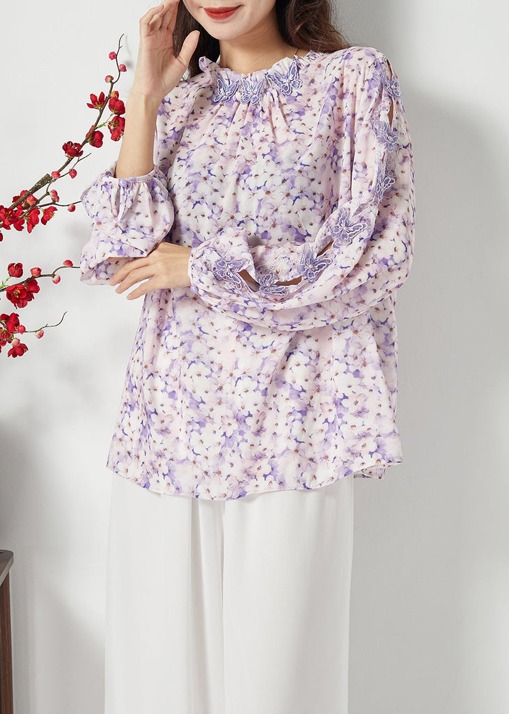 Bohemian Purple Print Hollow Out Chiffon Blouses Spring LC0391