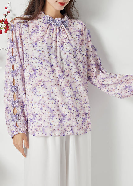 Bohemian Purple Print Hollow Out Chiffon Blouses Spring LY1121