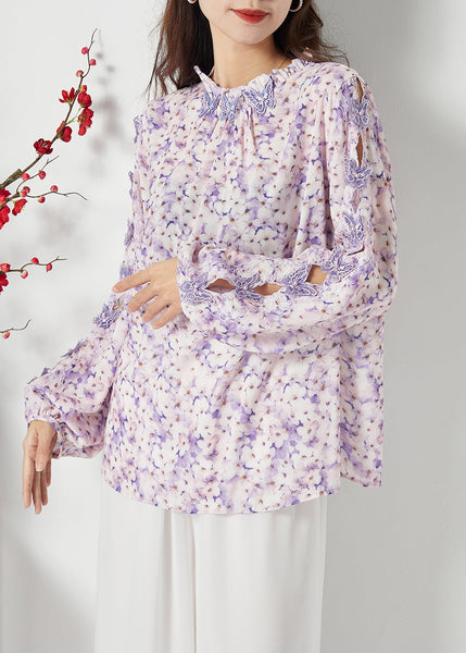 Bohemian Purple Print Hollow Out Chiffon Blouses Spring LY1121
