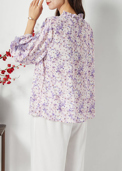 Bohemian Purple Print Hollow Out Chiffon Blouses Spring LY1121