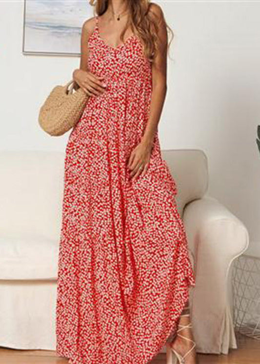 Bohemian Red Beach Summer Long Floral Dress for Women Dresses LC0013