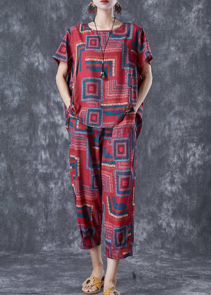 Bohemian Red O-Neck Print Linen Silk Two Piece Set Summer TD1031