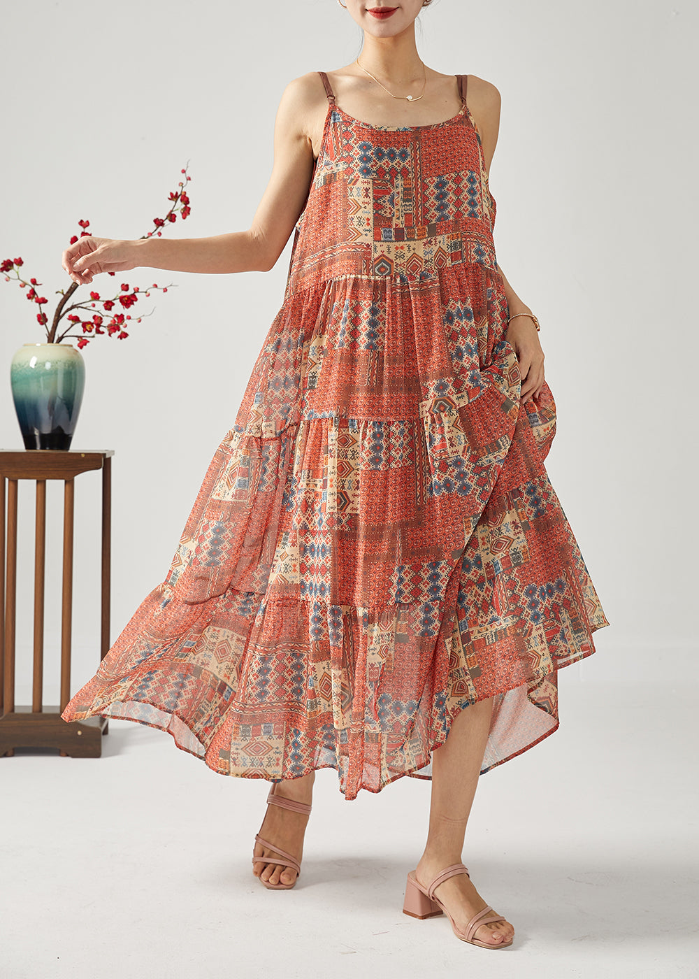 Bohemian Red Oversized Patchwork Exra Large Hem Cotton Spaghetti Strap Dress Summer LC0380