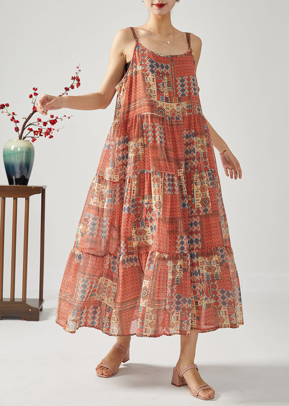 Bohemian Red Oversized Patchwork Exra Large Hem Cotton Spaghetti Strap Dress Summer LC0380