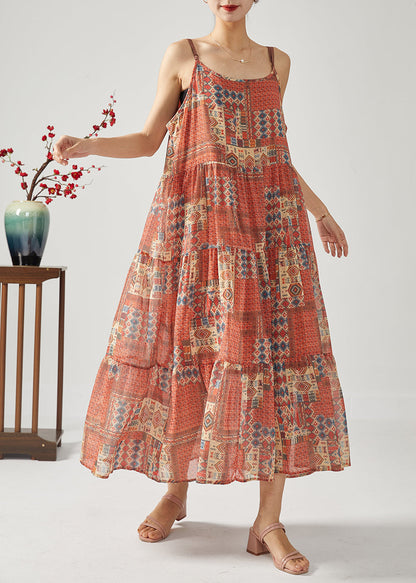 Bohemian Red Oversized Patchwork Exra Large Hem Cotton Spaghetti Strap Dress Summer LC0380