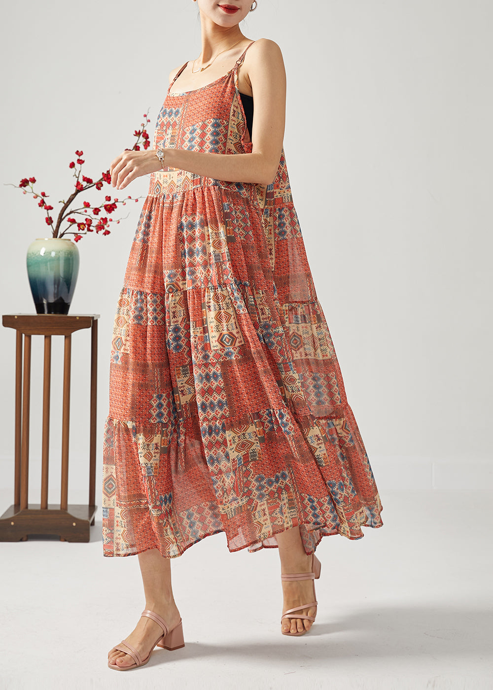 Bohemian Red Oversized Patchwork Exra Large Hem Cotton Spaghetti Strap Dress Summer LC0380