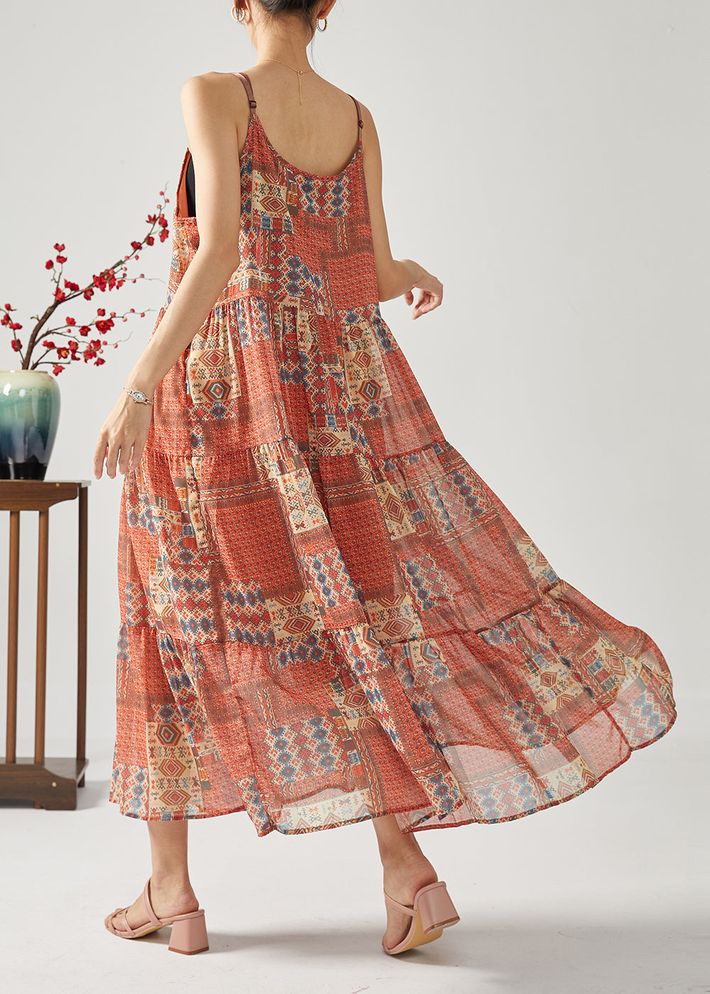 Bohemian Red Oversized Patchwork Exra Large Hem Cotton Spaghetti Strap Dress Summer LC0380
